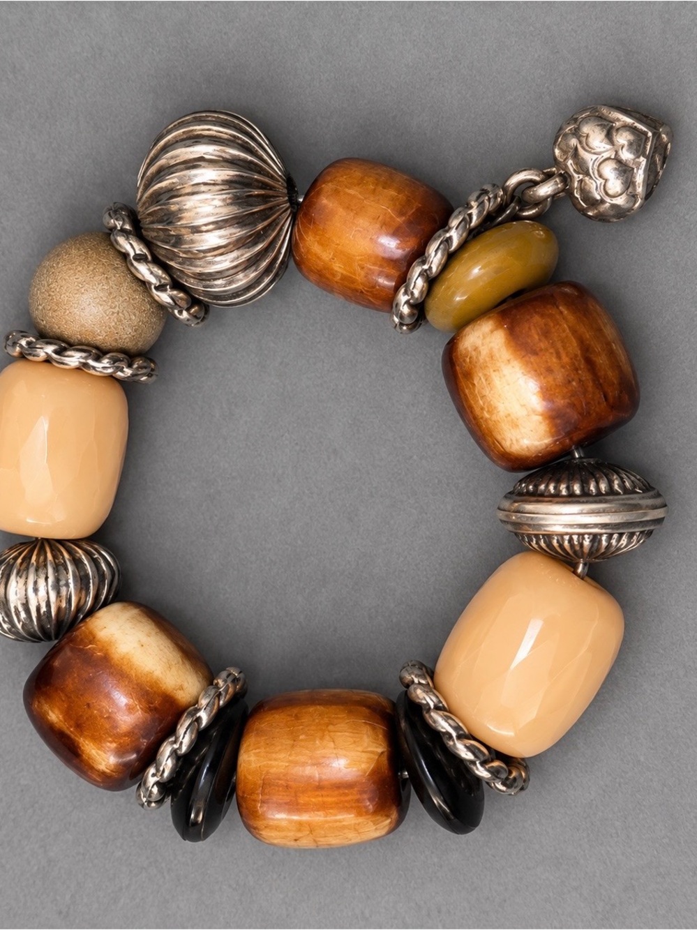 Authentic Brighton Retired Chunky Beaded Charm Bracelet Brown Cream Silver